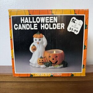 Vintage Ghost With Pumpkin Ceramic Halloween Tea Light Holder Kmart New With Box